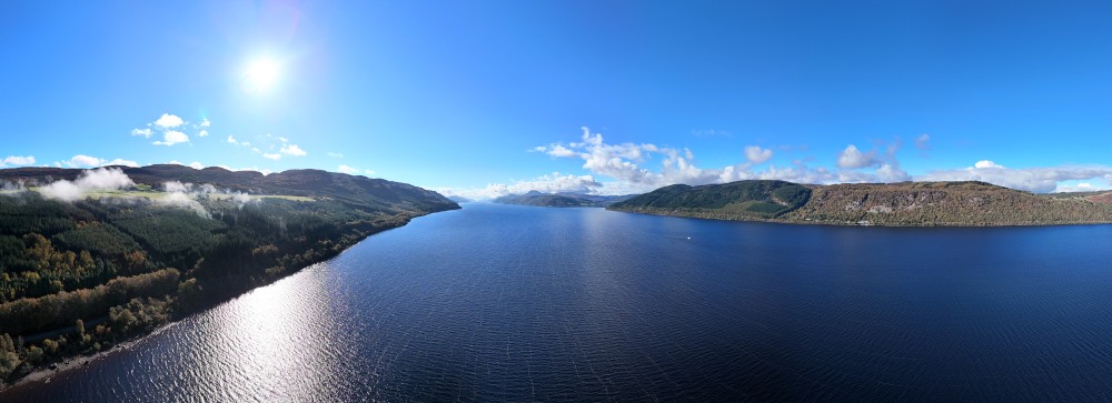 A panoramic view from above Loch Ness, facing South