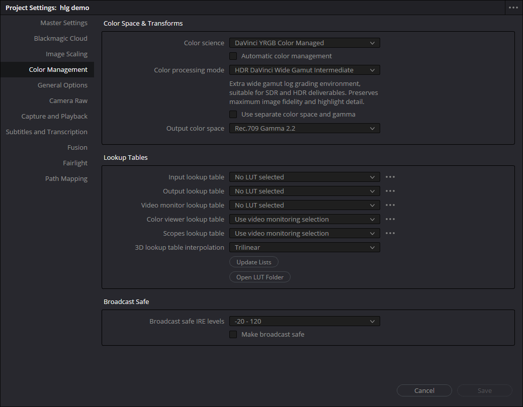 Colour space settings showing Color Science as Davinci YRGB Color Managed, Automatic Color Management as unticked, Color Processing Mode as HDR Davinci Wide Gamut Intermediate and Output Color Space as Rec 709 Gamma 2.2