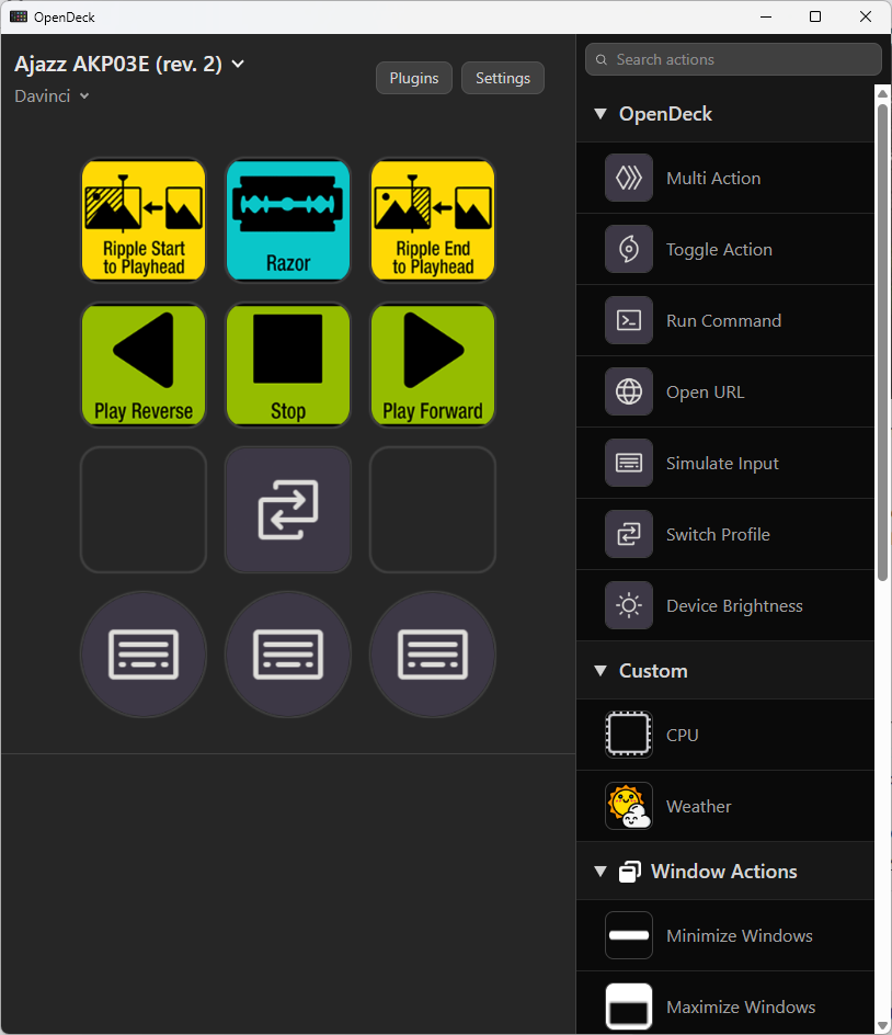 The OpenDeck software showing the customisable buttons on the left and the action palette on the right